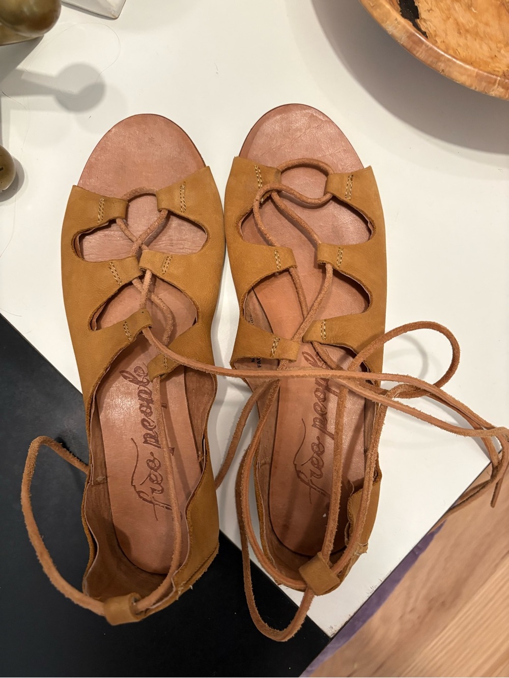 Free People Mustard Tan Lace-Up Cutout Sandals